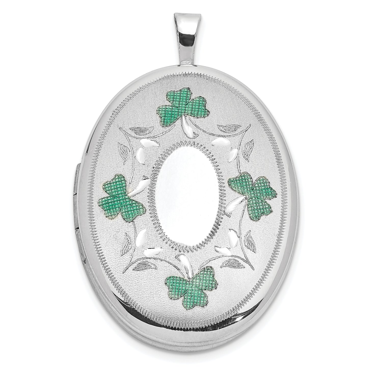 Sterling Silver Rh-Plated Satin Enamel Shamrock Border 26X20mm Oval Locket