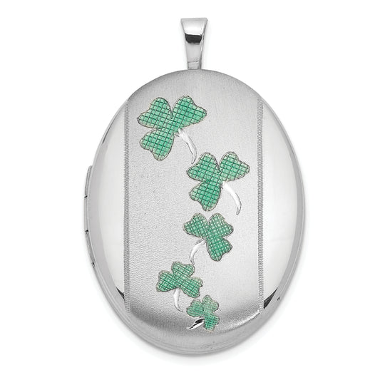 Sterling Silver Rhodium-Plated Satin Enameled Clovers 26X20mm Oval Locket