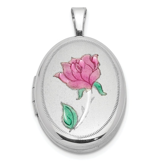 Sterling Silver Rhodium-Plated Enameled Rose 19X15mm Oval Locket