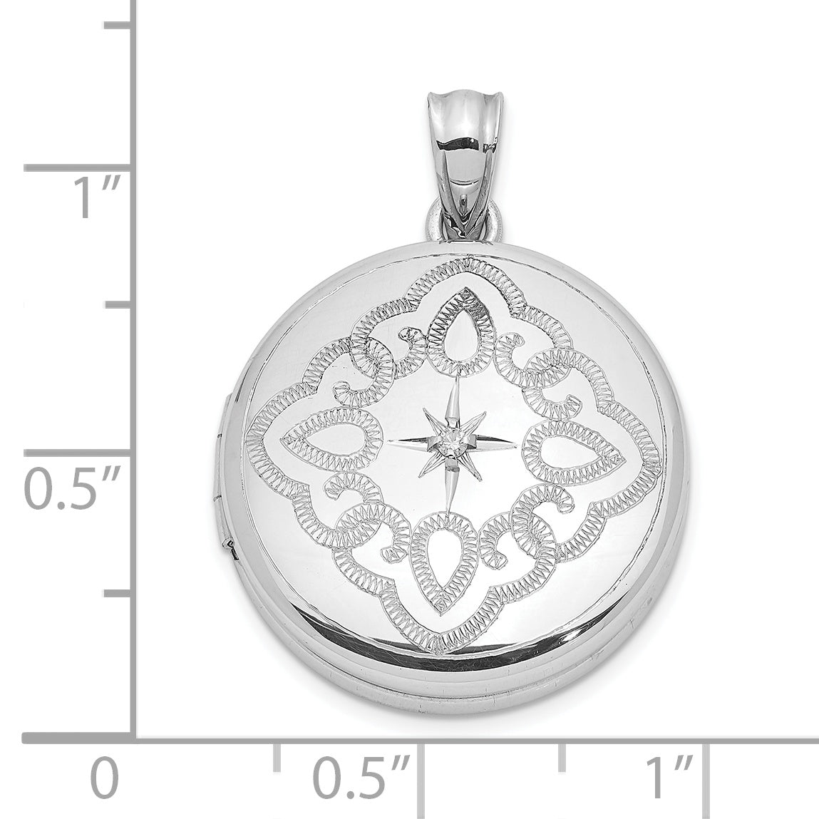 Sterling Silver Rhodium-Plated Lace Design Diamond 20mm Round Locket