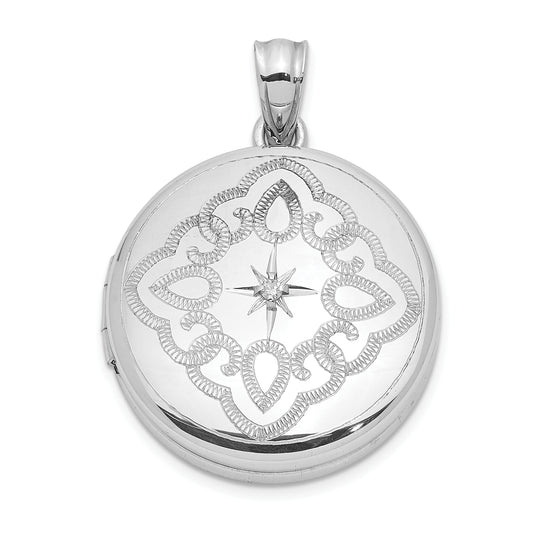 Sterling Silver Rhodium-Plated Lace Design Diamond 20mm Round Locket