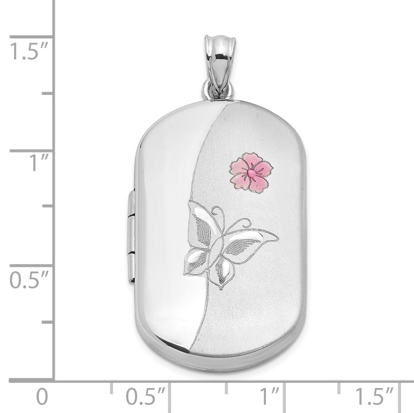 Sterling Silver Rh-Plated Enamel Flower Butterfly 30X19mm Rectangle Locket