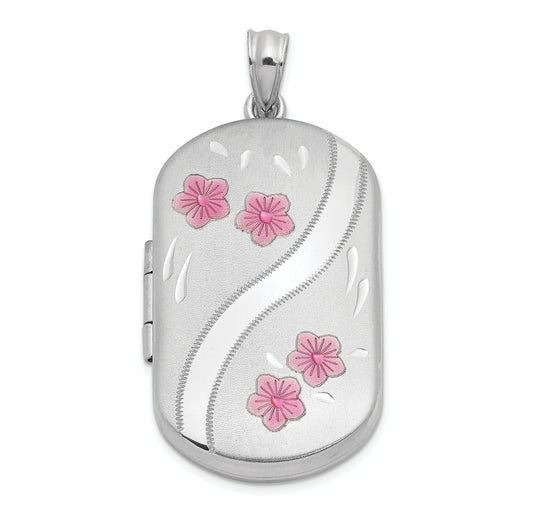 Sterling Silver Rhodium-Plated Enamel Flowers 30X19mm Rectangle Locket