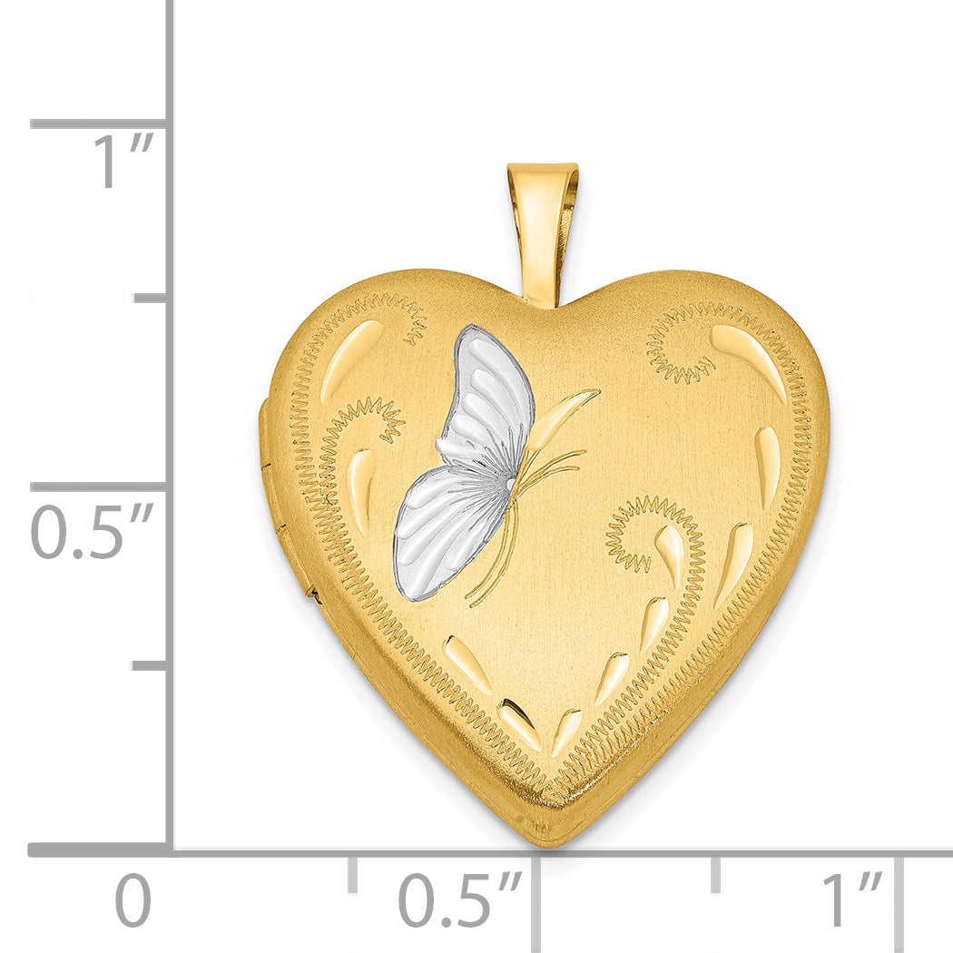 Gold Filled 14/20 1/20 & White Rhodium Satin Butterfly 19mm Heart Locket