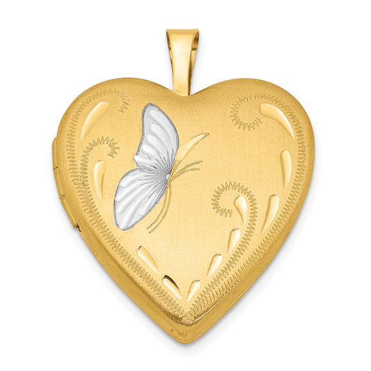 Gold Filled 14/20 1/20 & White Rhodium Satin Butterfly 19mm Heart Locket