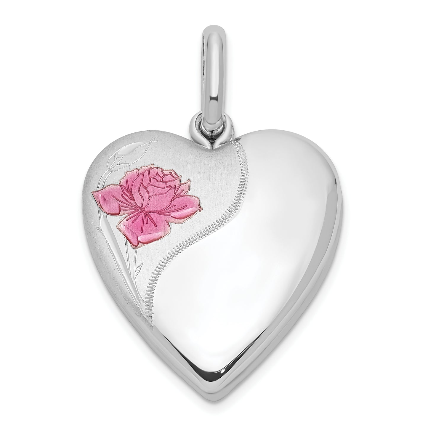 Sterling Silver Rhodium-Plated 20mm Enamel Rose Heart Swing Locket