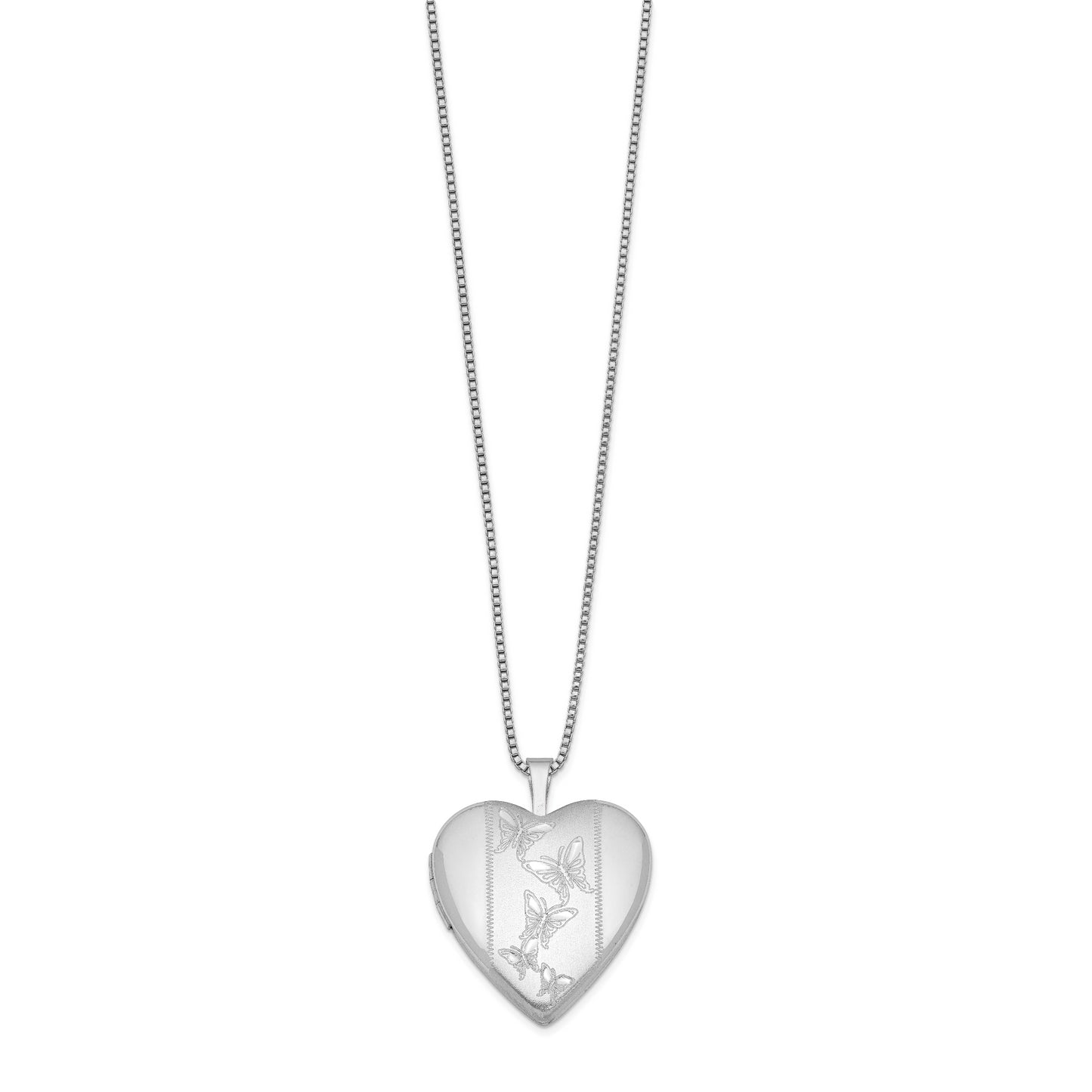 Sterling Silver Rhodium-Plated 20mm Butterflies Heart Locket Necklace