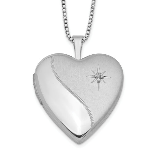 Sterling Silver Rhodium-Plated 20mm Satin Diamond Heart Locket Necklace