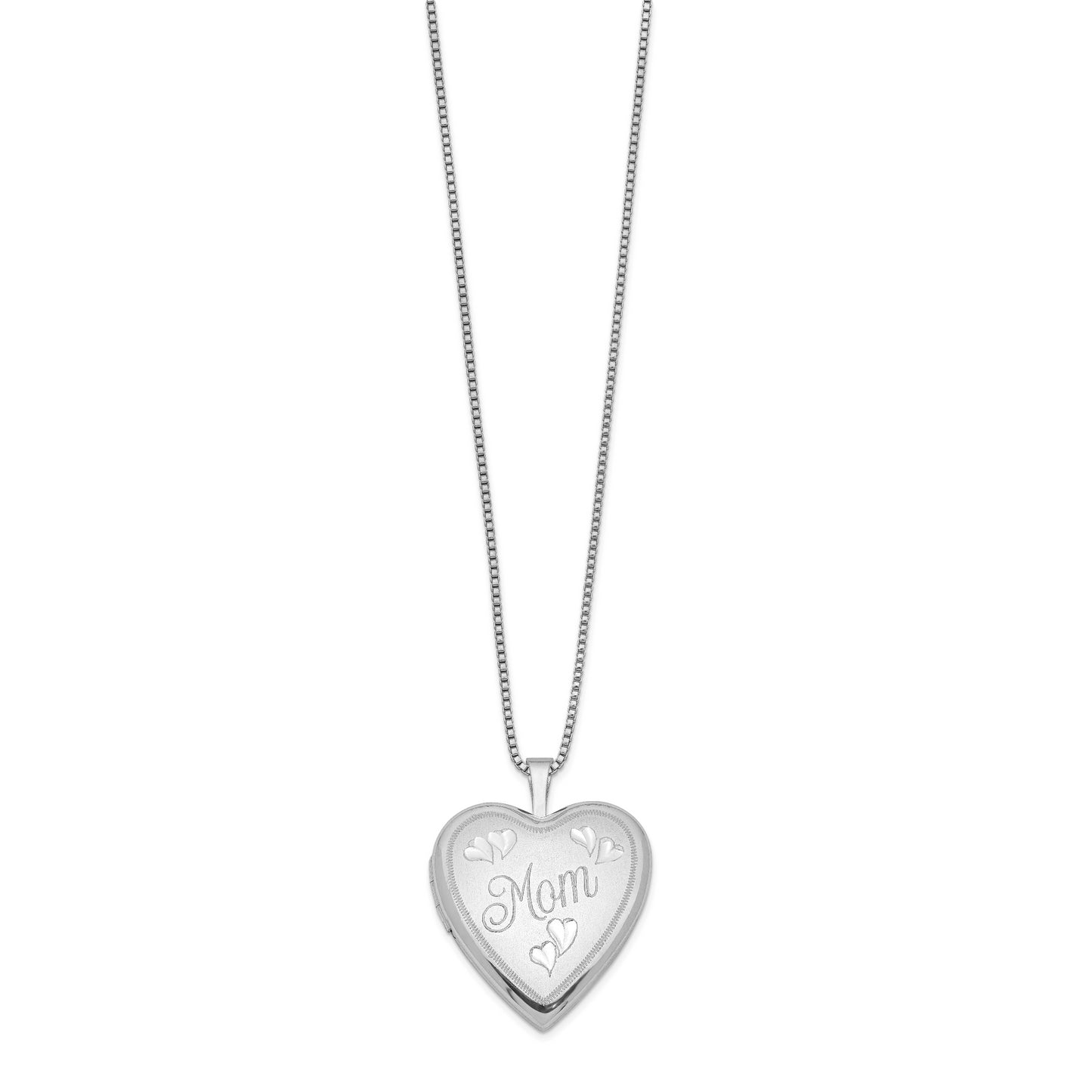 Sterling Silver Rhodium-Plated 20mm Mom Heart Locket Necklace