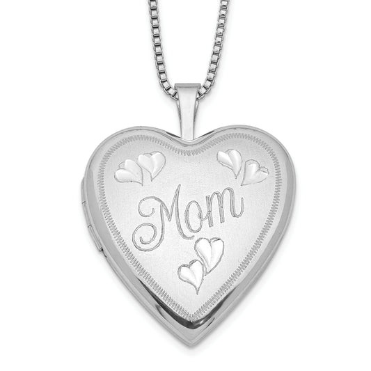 Sterling Silver Rhodium-Plated 20mm Mom Heart Locket Necklace