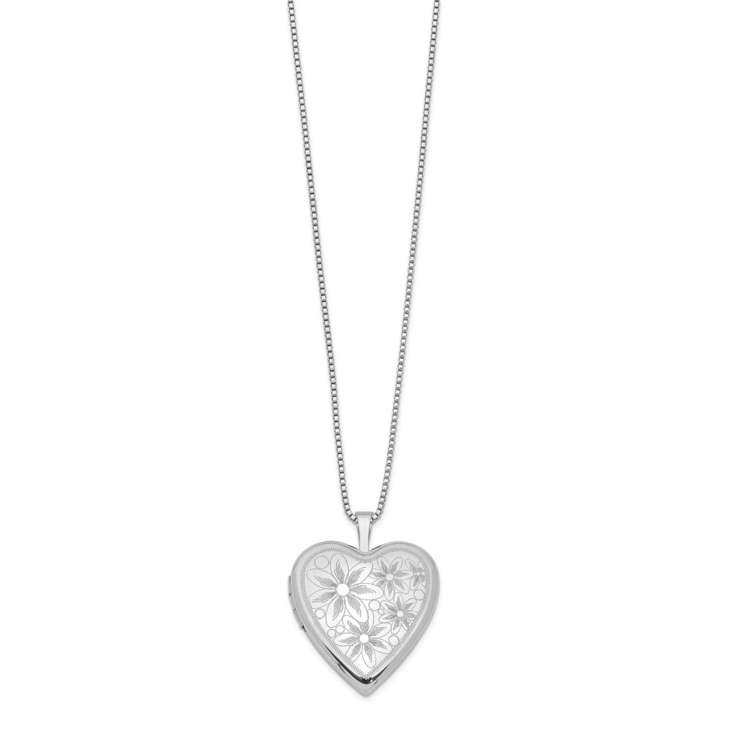 Sterling Silver Rhodium-Plated 20mm With Daisies Heart Locket Necklace