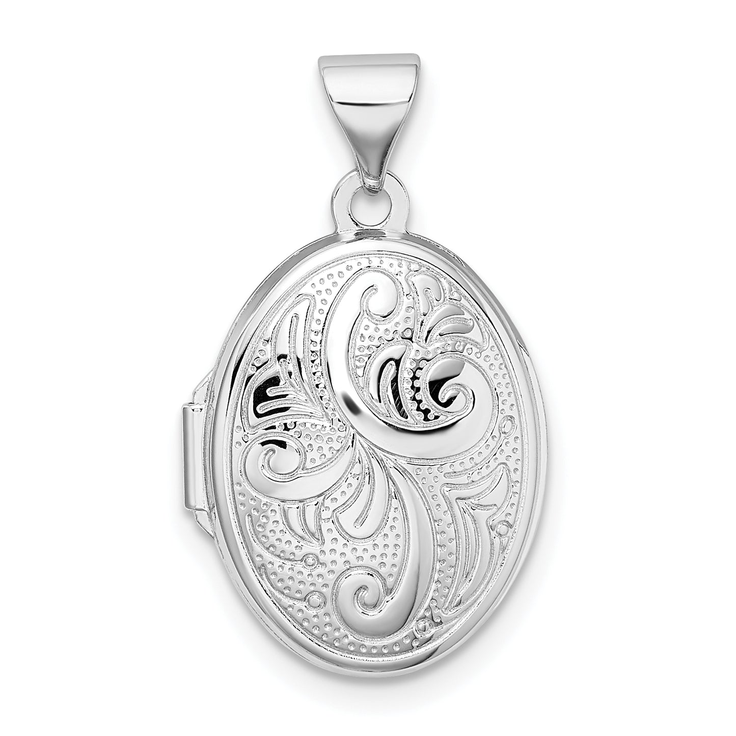 Sterling Silver Rhodium-Plated Scroll Design Oval Locket