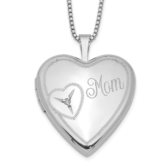 Sterling Silver Rhodium-Plated 20mm Mom Diamond Heart Locket Necklace