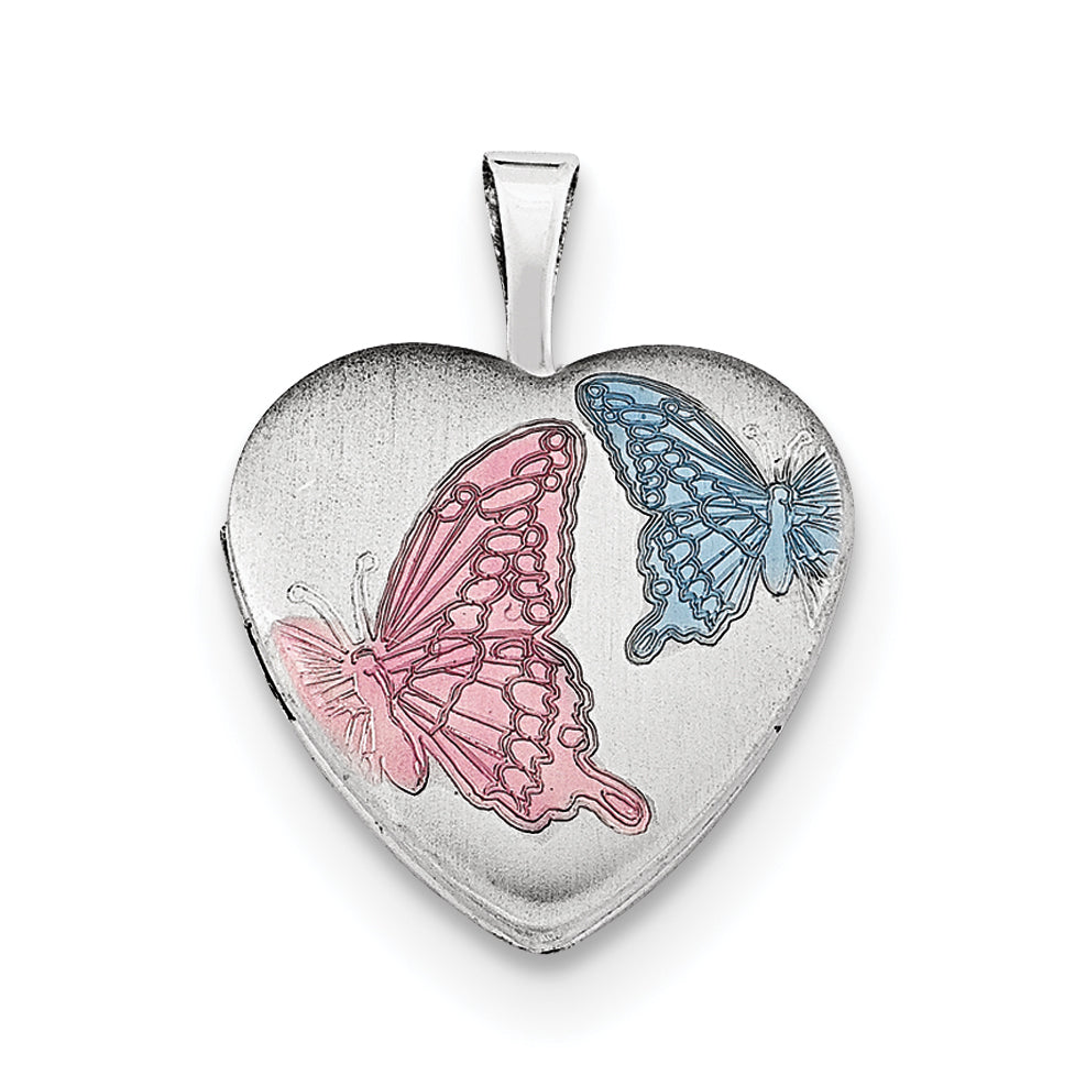 Sterling Silver Rh-Plated 16mm Satin Enamel Butterfly Heart Locket Necklace