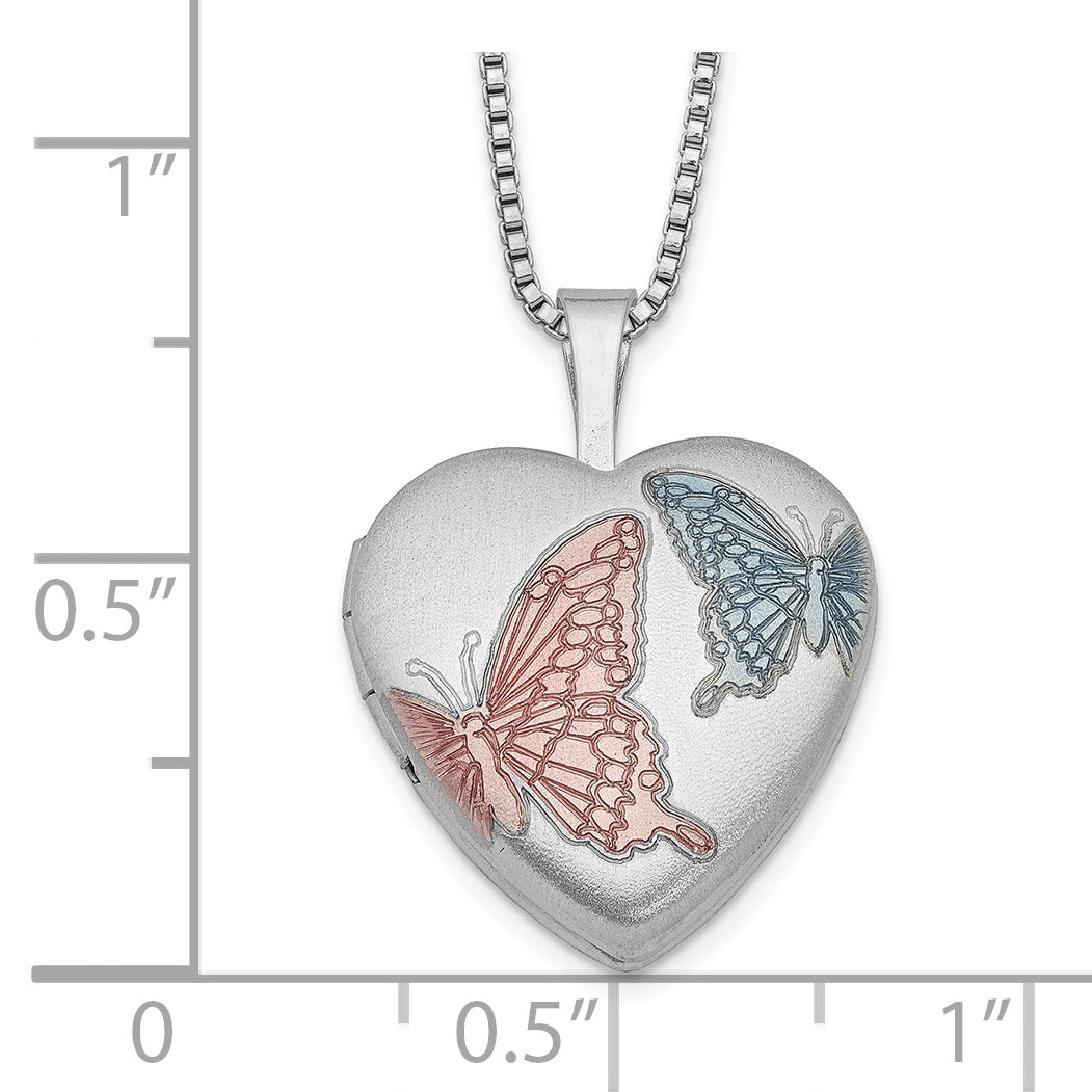 Sterling Silver Rh-Plated 16mm Satin Enamel Butterfly Heart Locket Necklace