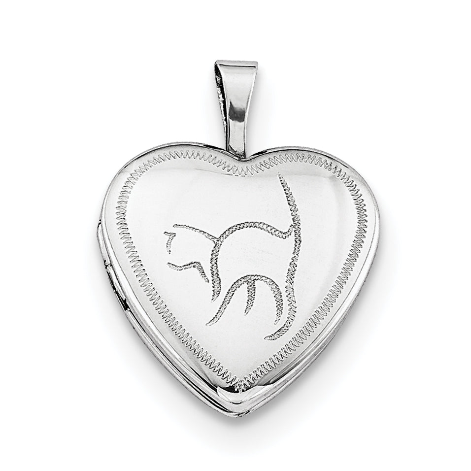 Sterling Silver Rhodium-Plated 16mm Cat Heart Locket Necklace