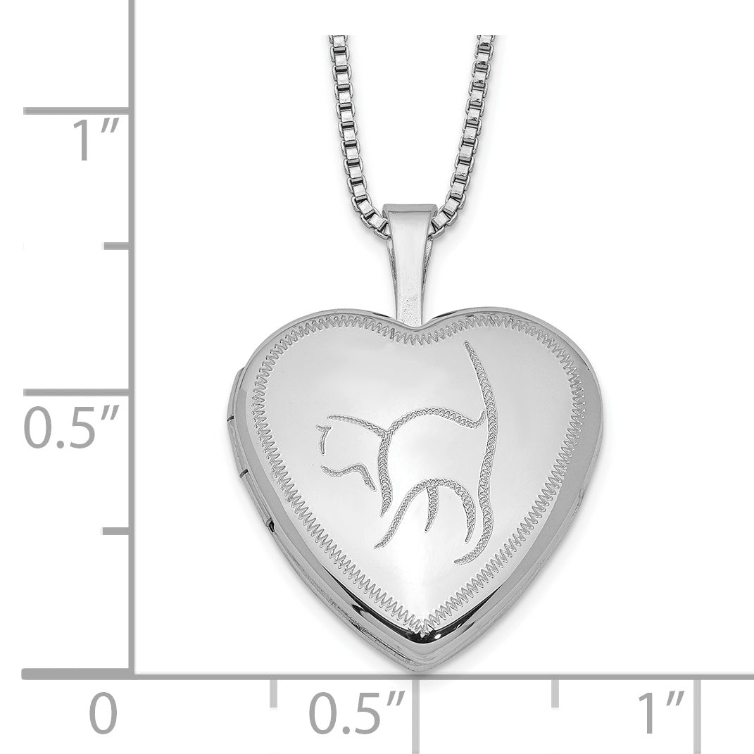 Sterling Silver Rhodium-Plated 16mm Cat Heart Locket Necklace