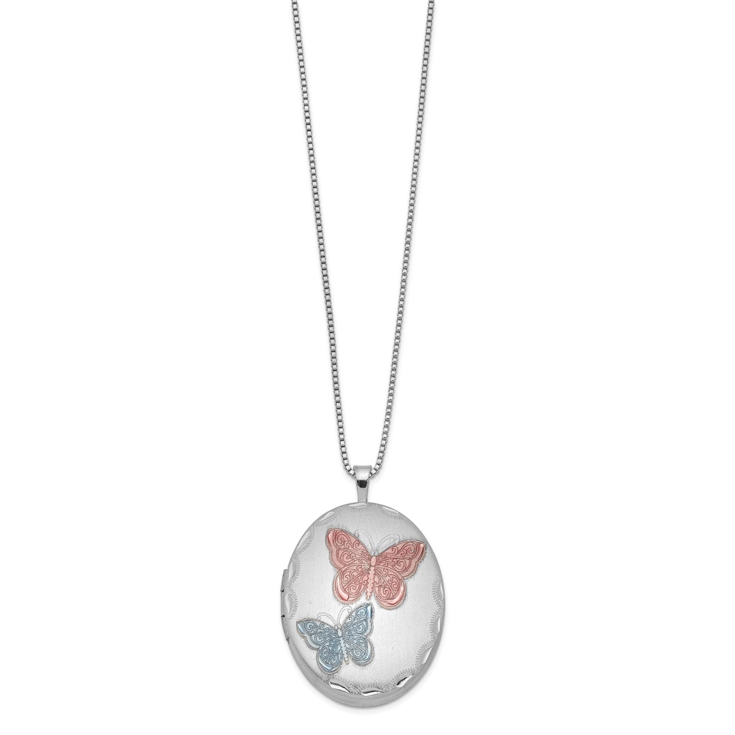 Sterling Silver Rh-Plated 26mm Enameled Butterfly Oval Locket Necklace