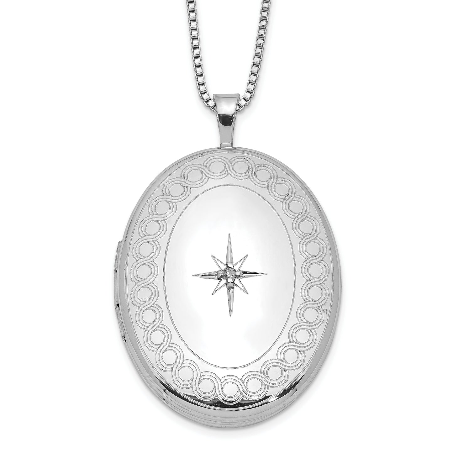 Sterling Silver Rhod-Plated 26mm Circle Border Diamond Oval Locket Necklace