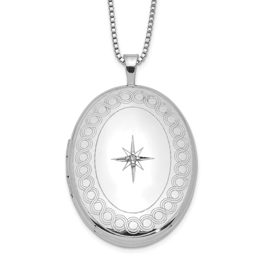 Sterling Silver Rhod-Plated 26mm Circle Border Diamond Oval Locket Necklace