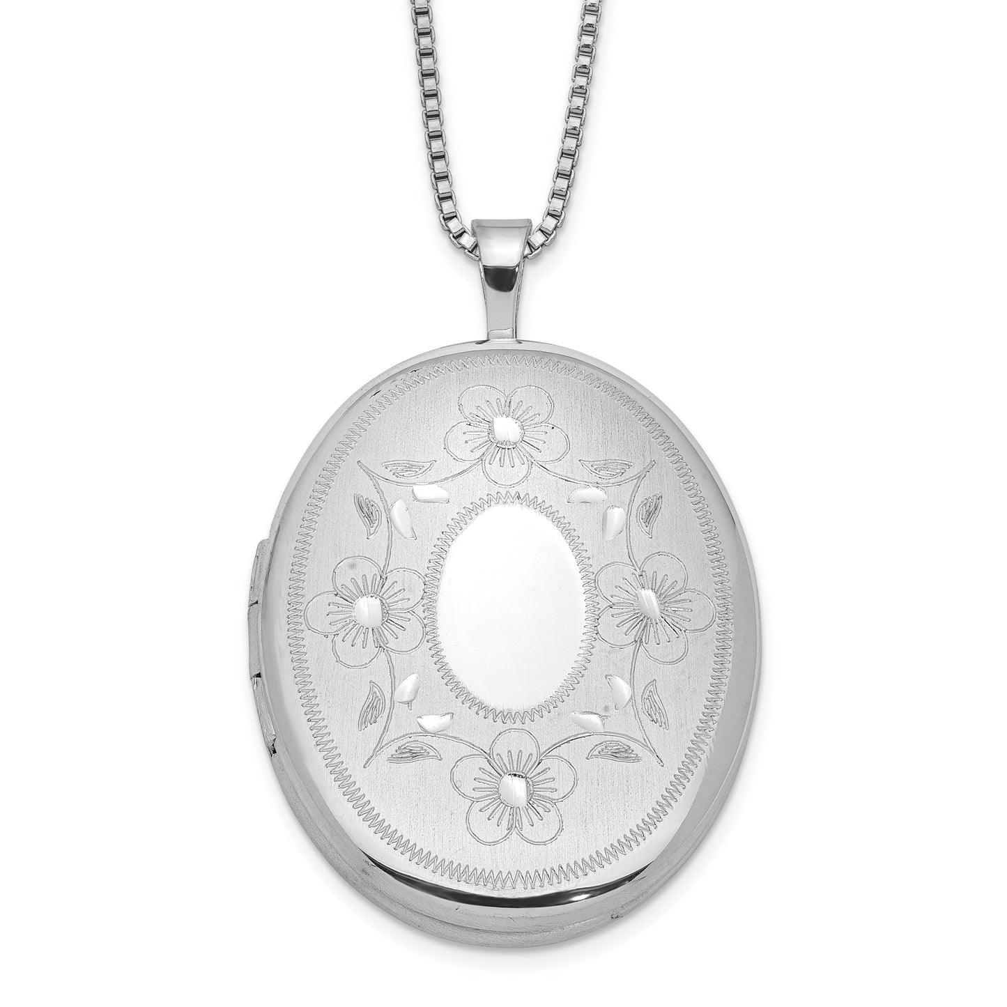 Sterling Silver Rh-Plated 26mm Floral Oval Locket Necklace