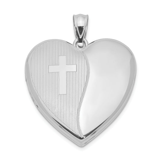 Sterling Silver Rhodium-Plated 24mm With Cross Design Heart Locket