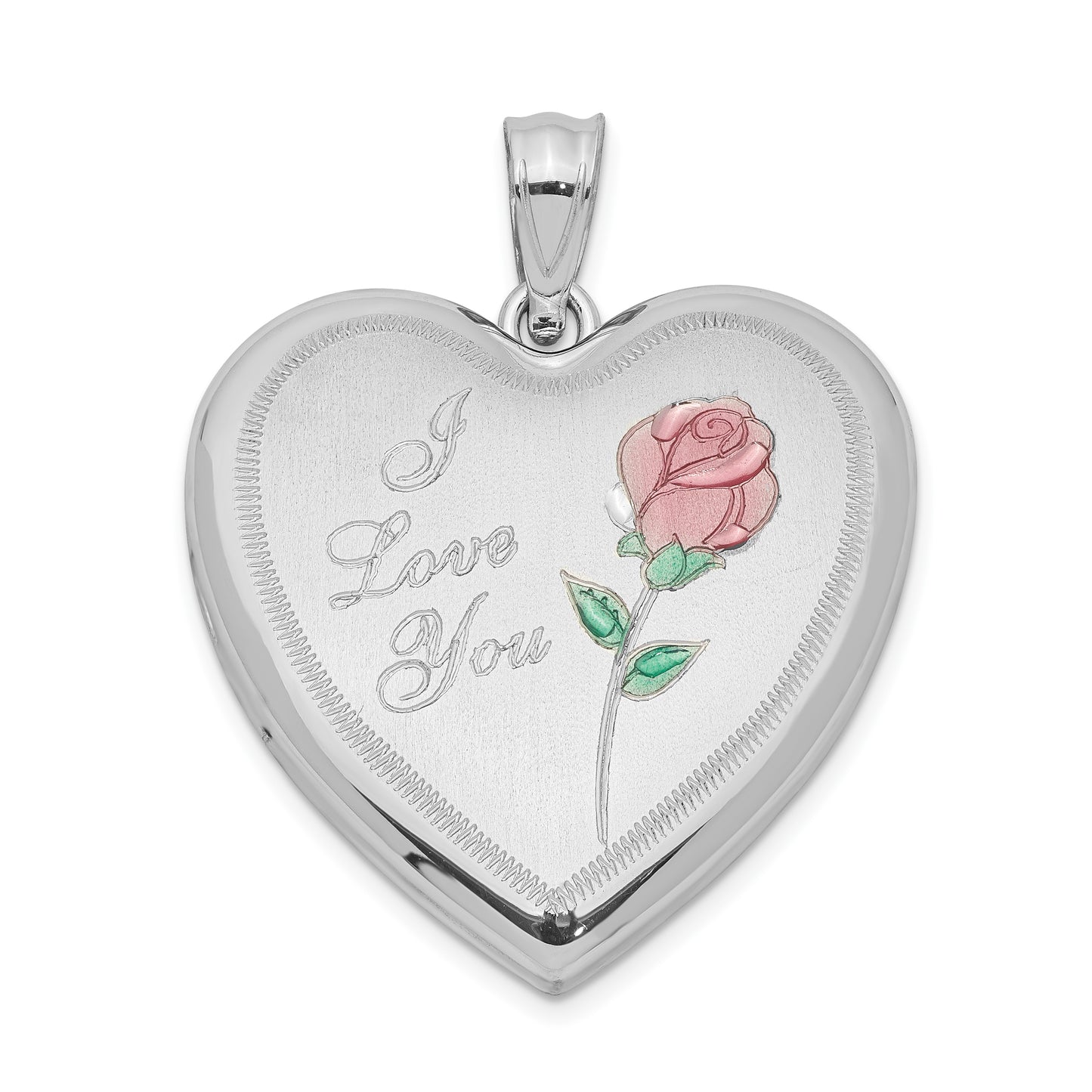 Sterling Silver Rhodium-Plated 24mm Enameled Rose Heart Locket