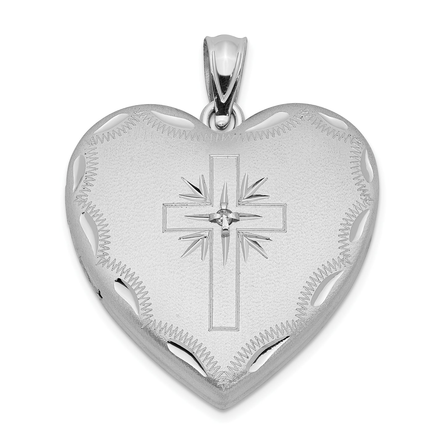 Sterling Silver Rh-Plated 24mm Satin & D/C W/ Diamond Cross Heart Locket