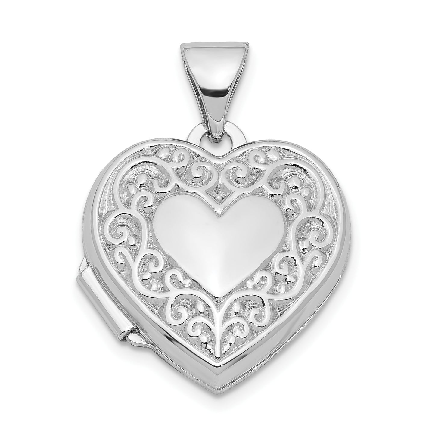 Sterling Silver Rhodium-Plated Scroll Border Heart Locket