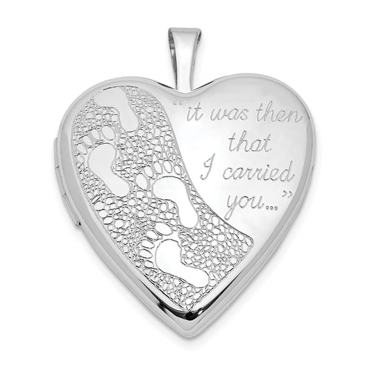 Sterling Silver Rhodium-Plated 20mm Footprints Heart Locket