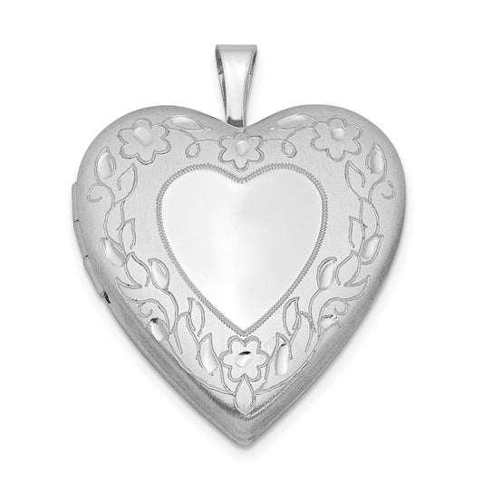 Sterling Silver Rhodium-Plated 20mm Floral Border Heart Locket