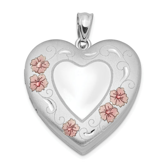 Sterling Silver Rhodium-Plated 24mm Enameled Floral Border Heart Locket