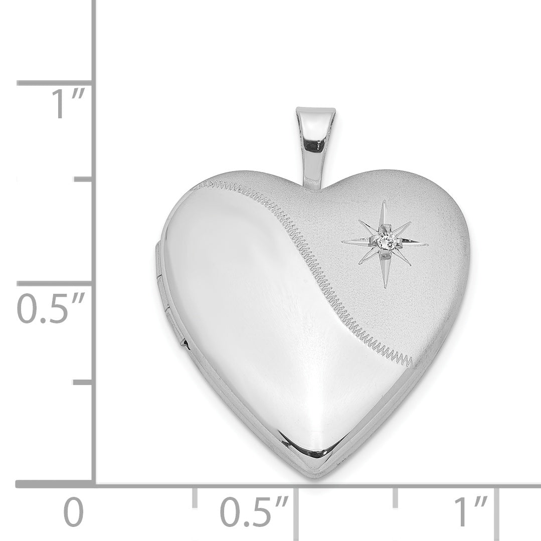 Sterling Silver Rhodium-Plated Diamond Star Satin/Polished Heart Locket