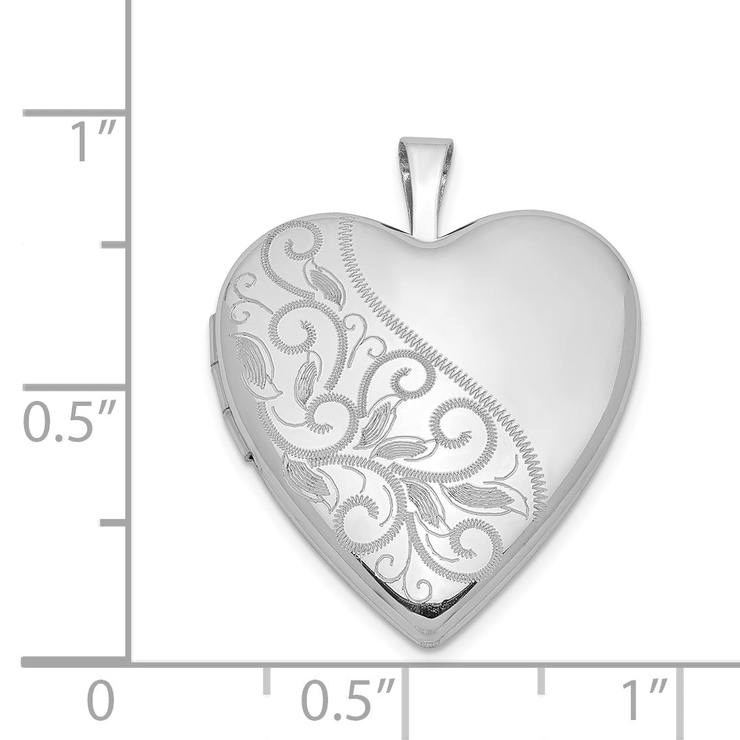 Sterling Silver Rhodium-Plated 20mm Swirl & Polished Heart Locket