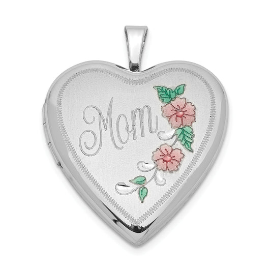 Sterling Silver Rhodium-Plated 20mm Enameled Floral Mom Heart Locket