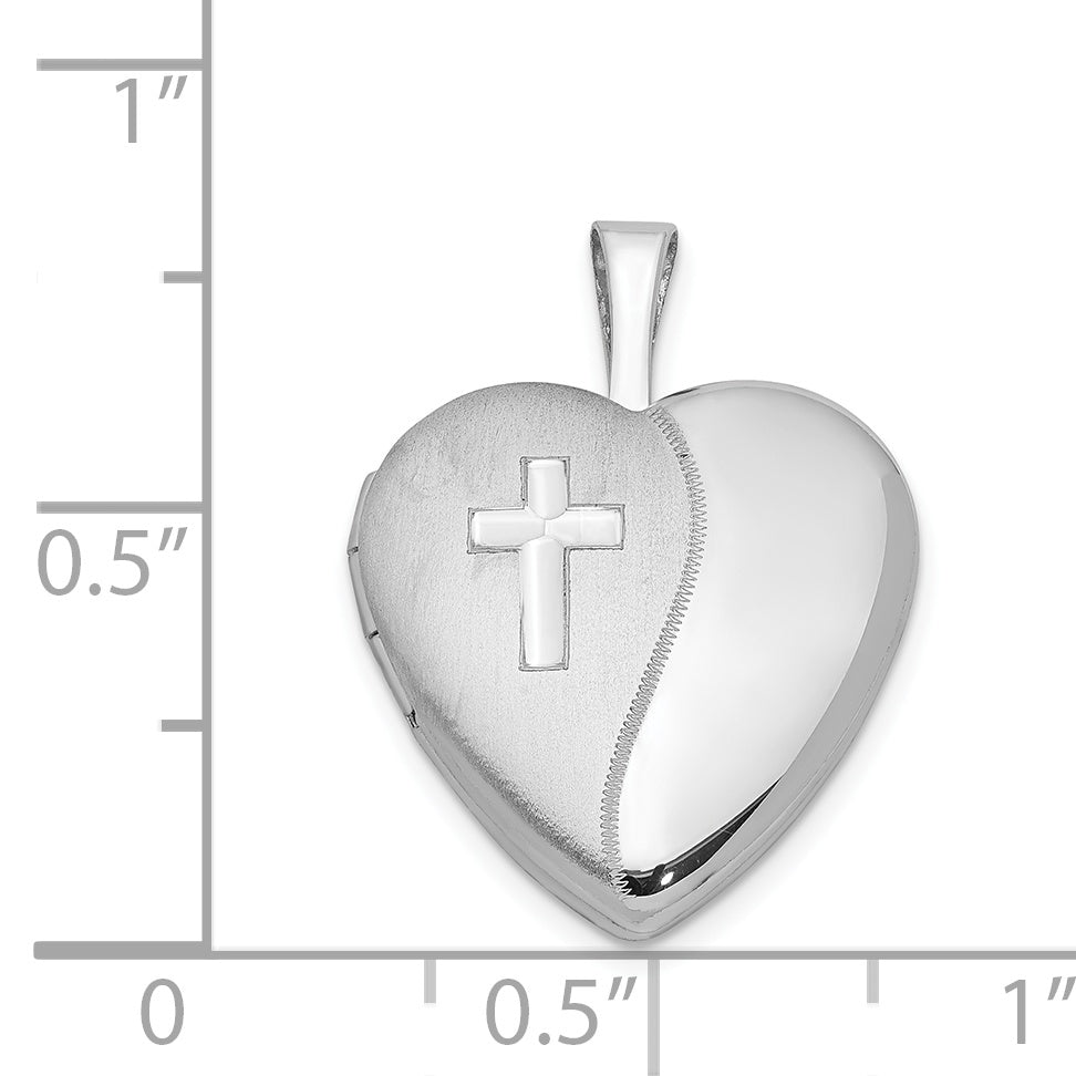 Sterling Silver Rhodium-Plated 16mm Polished & Satin Cross Heart Locket