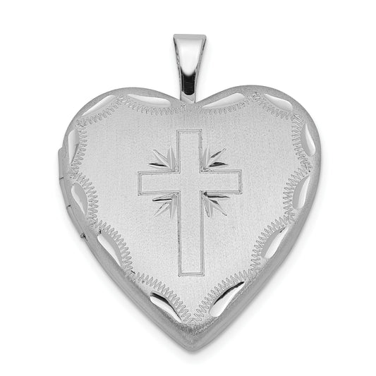 Sterling Silver Rhodium-Plated 20mm Satin & D/C Cross Heart Locket