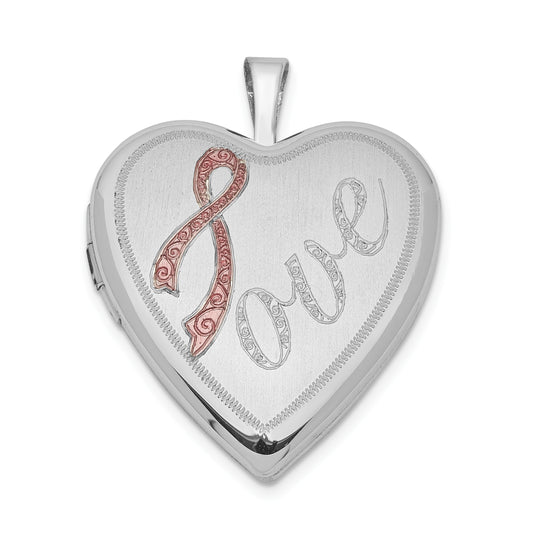 Sterling Silver Rhodium-Plated 20mm Satin Pink Ribbon Love Heart Locket