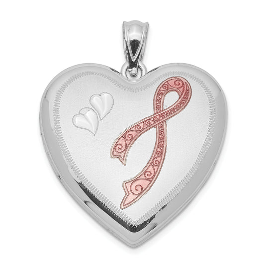 Sterling Silver Rhodium-Plated 24mm Enameled D/C Pink Ribbon Heart Locket