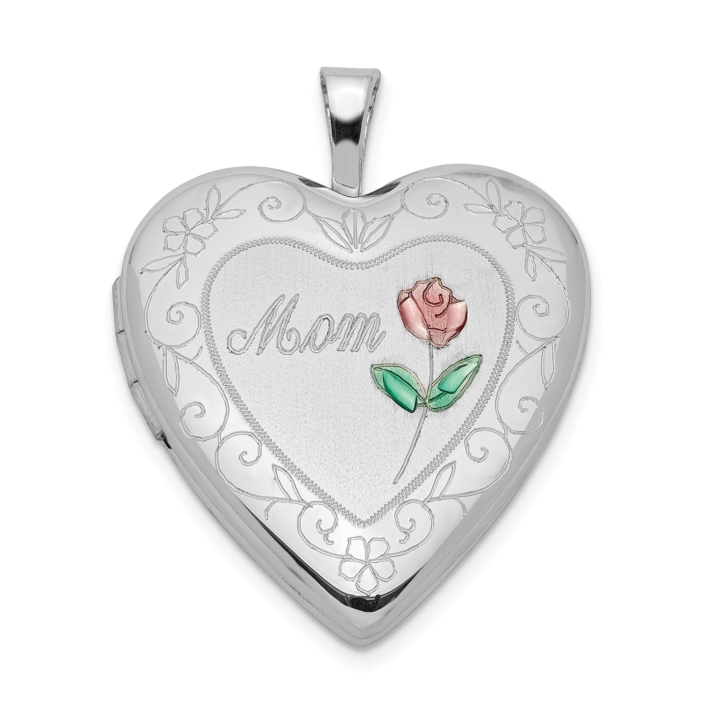 Sterling Silver Rhod-Plated 20mm D/C & Enameled Mom Rose Heart Locket