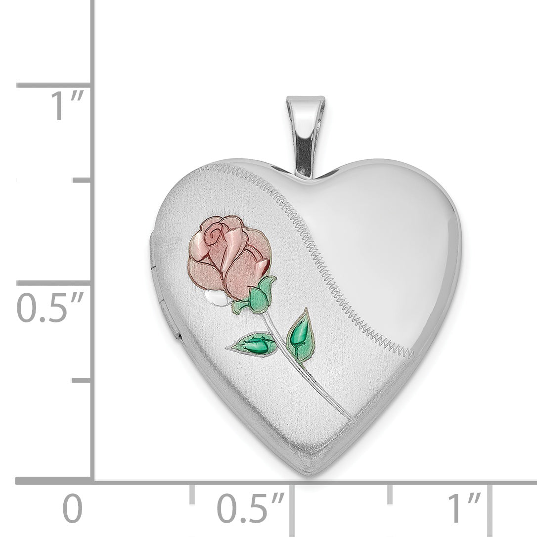 Sterling Silver Rhod-Plated 20mm Satin, Enamel, D/C Floral Heart Locket