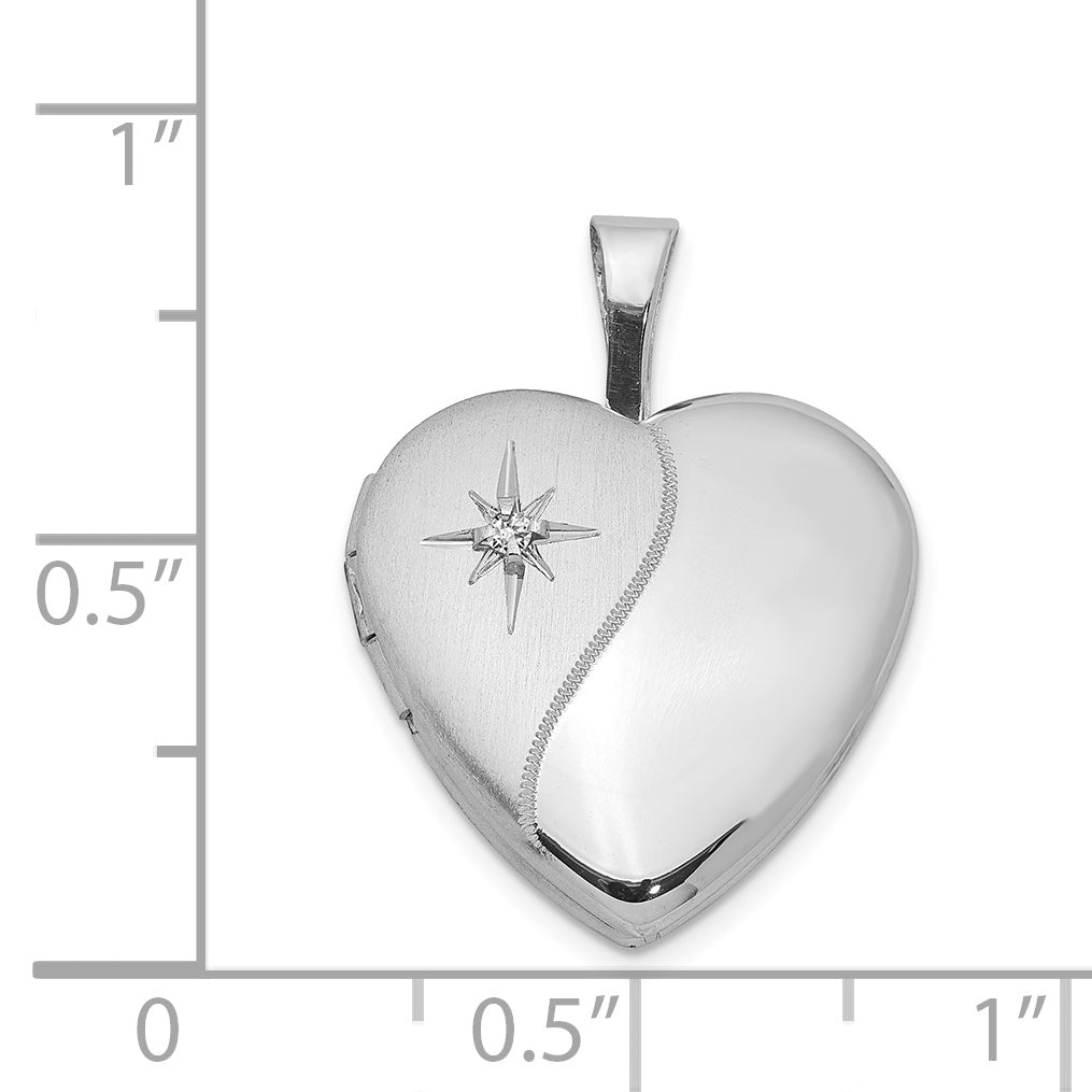 Sterling Silver Rhod-Plated Polished/Satin Diamond 16mm D/C Heart Locket