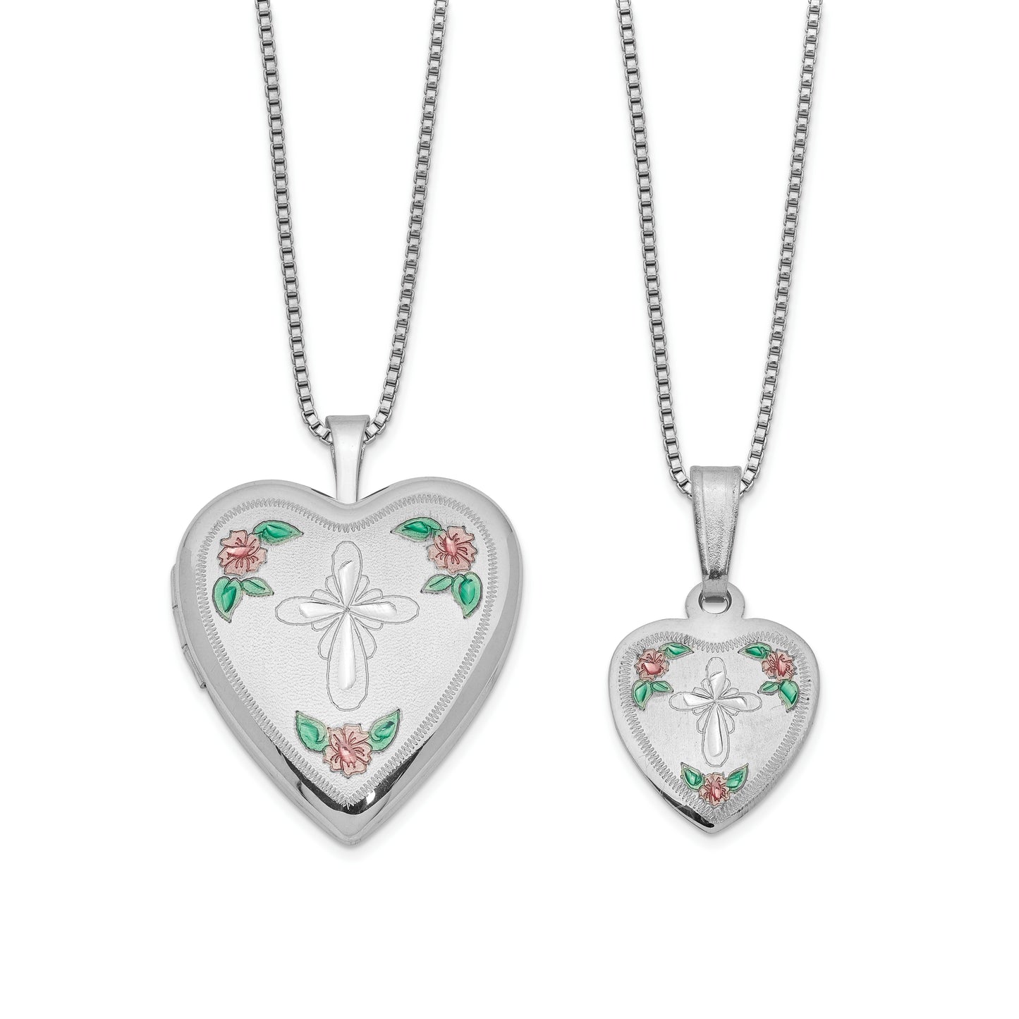 Sterling Silver Cross & Flowers Enameled Mother 14In Daughter Locket/Pendant Necklace Set