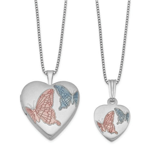 Sterling Silver Rhodium-Plated Satin Enameled Butterflies Heart 18In Locket Necklace & 14In Pendant Set