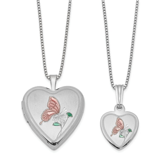 Sterling Silver Rhodium-Plated Polished & Satin Enameled Butterfly Heart 18In Locket Necklace And 14In Pendant Set