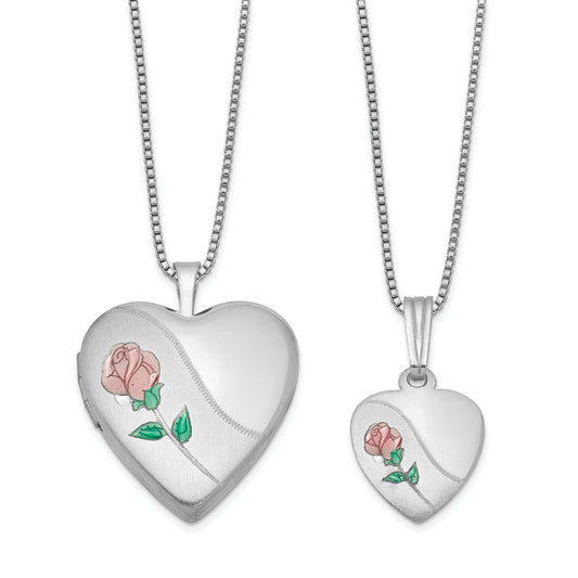 Sterling Silver Rhodium-Plated Polished & Satin Enameled Rose Heart Mother Daughter Locket Pendant Necklace Set