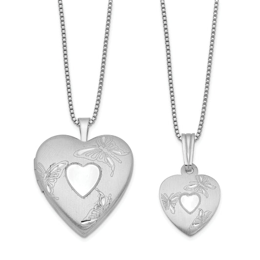 Sterling Silver Rhodium-Plated Polished & Satin Butterfly Heart Locket Pendant Mother/Daughter Necklace Set