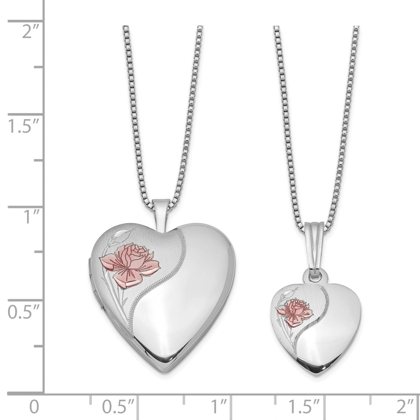 Sterling Silver Rhodium-Plated Polished/Satin Enameled Rose Heart 18In Locket Necklace & 14In Pendant Set