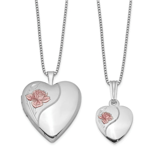 Sterling Silver Rhodium-Plated Polished/Satin Enameled Rose Heart 18In Locket Necklace & 14In Pendant Set