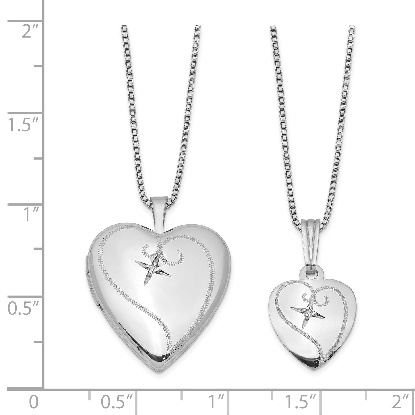 Sterling Silver Rhodium-Plated Polished Diamond Heart 18In Locket Necklace And 14In Pendant Set